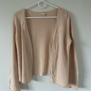 J. Jill Peach Embroidered Elegant Scallop Trim Linen and Cotton Cardigan Sweater